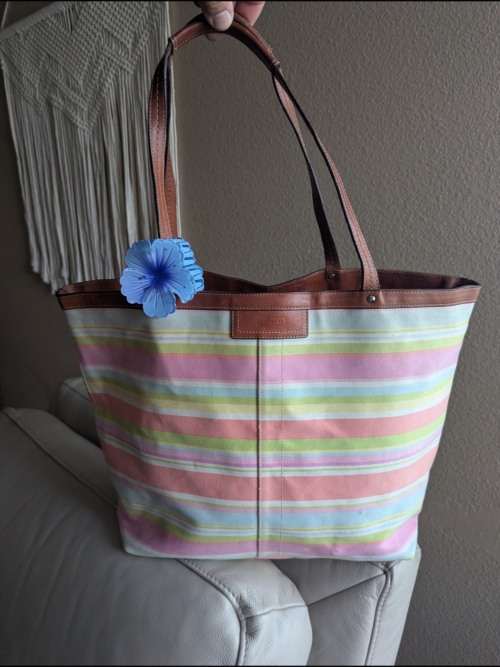 vintage Coach Hampton Pastel Striped Canvas Tote Bag